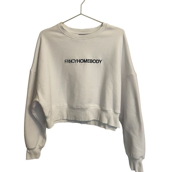 Fancy Homebody White Black Cropped Sweatshirt Size Small - Picture 1 of 6
